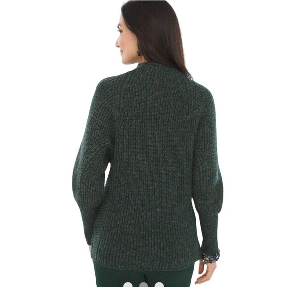 Chico's Holiday Sweater Size L Green Marled Mock-Neck Pullover Oversized Cotton - Picture 2 of 11